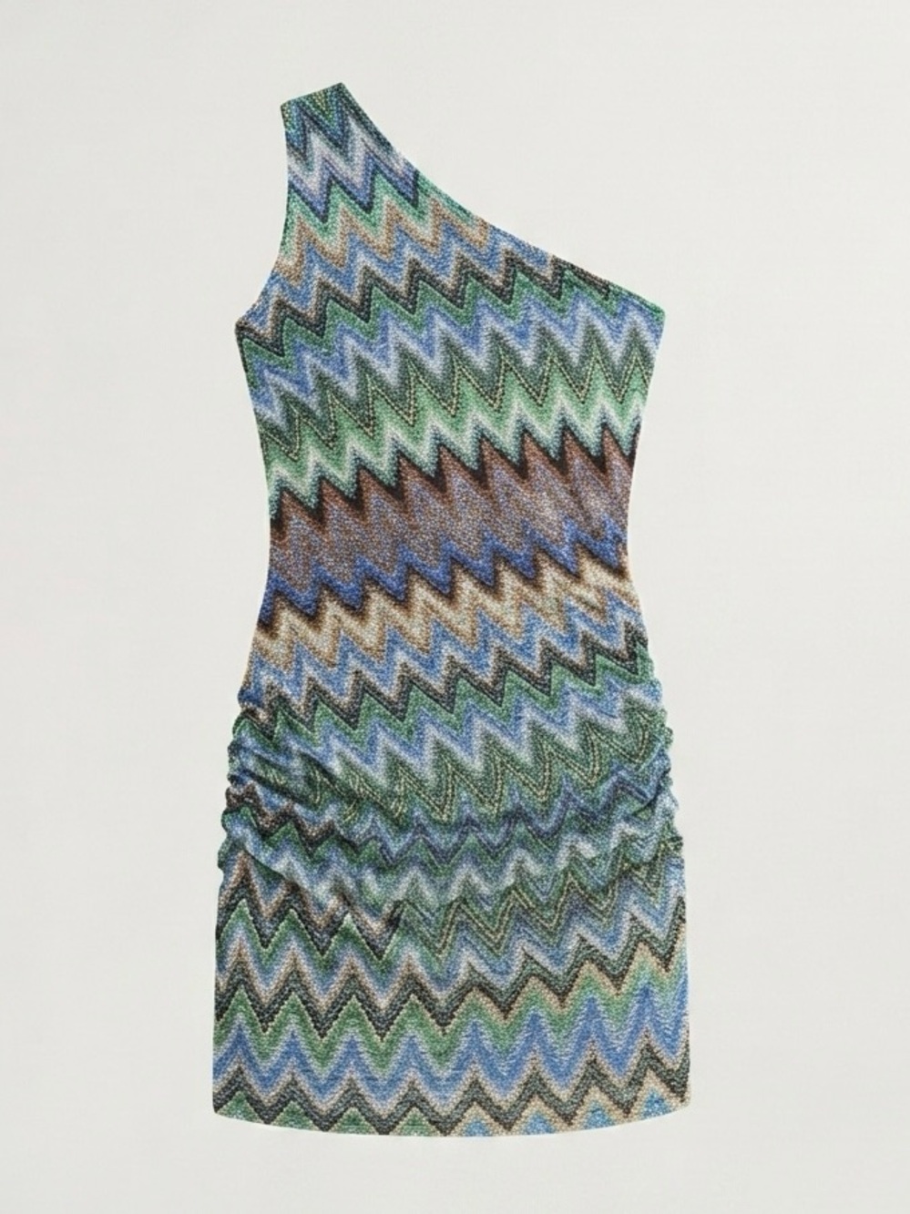 New One-Shoulder Zigzag Print Mini Dress in Blue-Green